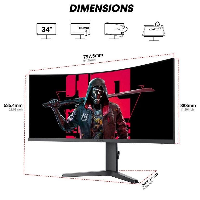 KOORUI 34 inch Curved Gaming Monitor